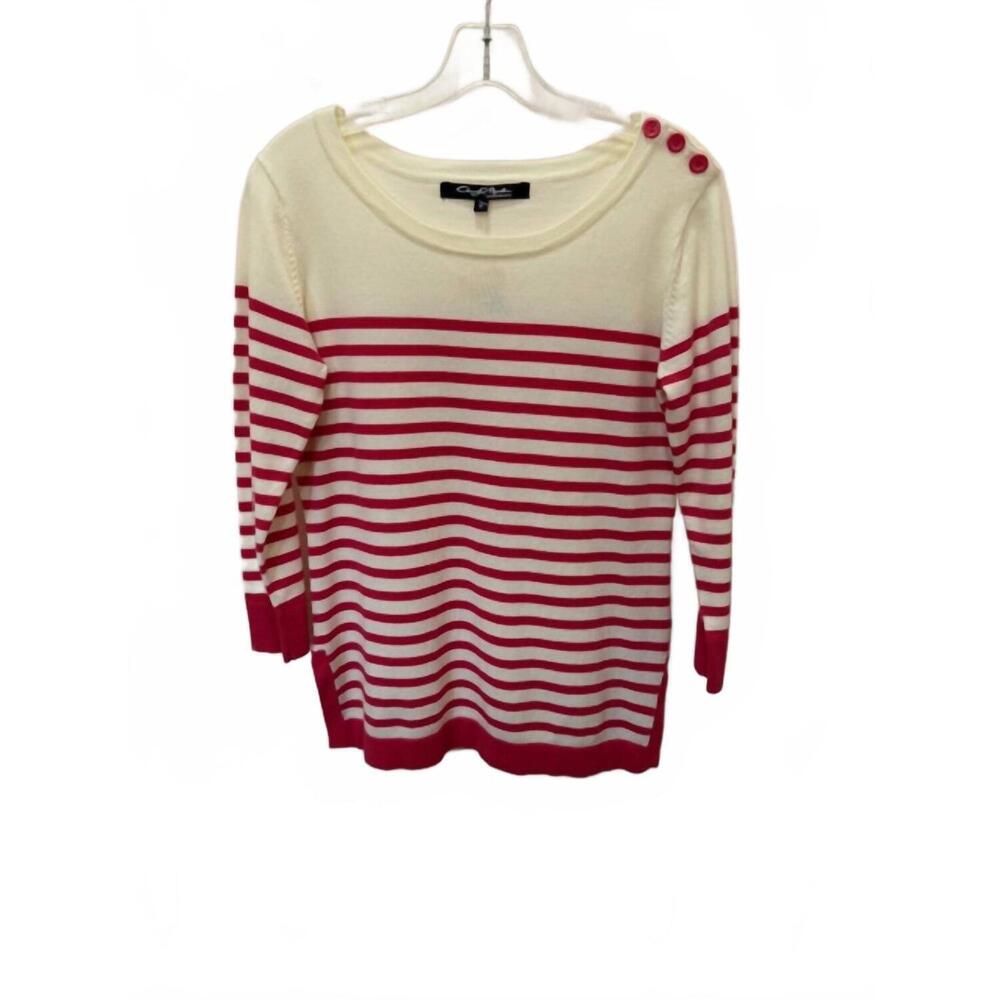 NEW CHERYL NASH women's stripe button neck sweater in cream and salmon